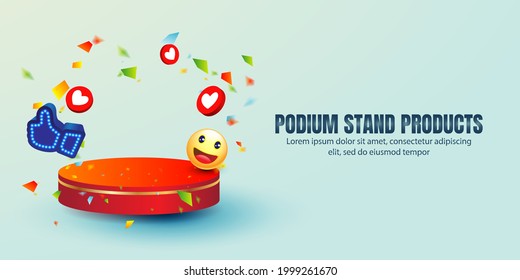 pantalla de podio de exposición de compras en línea en blanco con iconos de redes sociales, moneda, Smile face emoji emoticono, doodle, mensaje y corazón para Web, Internet, App, Analytics, Promotion, Marketing