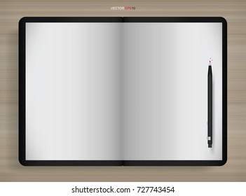 Blank open book, catalog, magazine, brochure, or booklet mock up template paper on wood background. Vector illustration.