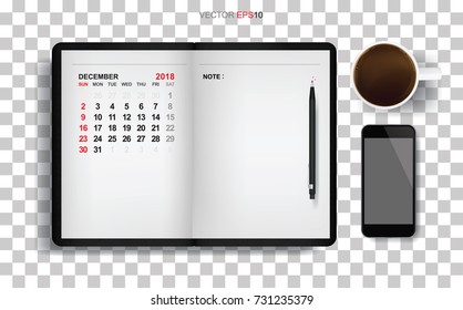 Blank open book and December 2018 calendar with coffee cup and smartphone on transparent background, vector illustration.
