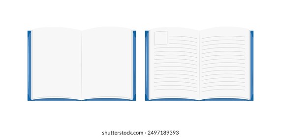 Blank open book, diary, planner isolated. Vector flat illustration of empty book and notebook pages. Top view. Design educational element with copy space. 