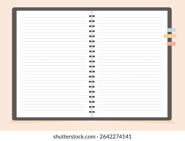 Blank open book, diary, Vector flat illustration of empty book and notebook pages.