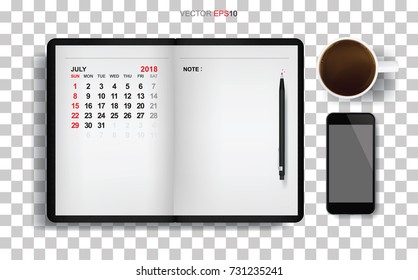 Blank open book and July 2018 calendar with coffee cup and smartphone on transparent background, vector illustration.