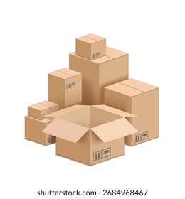 Blank open box. Stacks of cardboard boxes in the background. Isolated on white. Vector illustration.