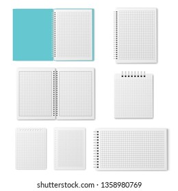Blank open and closed spiral A4 notebook, organizer and diary vector template isolated. Realistic square blue plastic cover diary spread, mockup