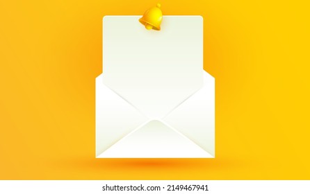 blank open envelope icon with notification alarm symbol isolated on yellow background. yellow bell sign with new subscriber for social media reminder. E-mail reminder 3d vector illustration style