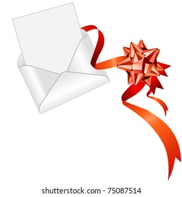 Blank open envelope with red silk ribbon