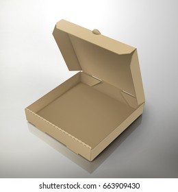 blank open left tilt brown pizza box, can be used as design element, isolated gray background, 3d illustration, elevated view