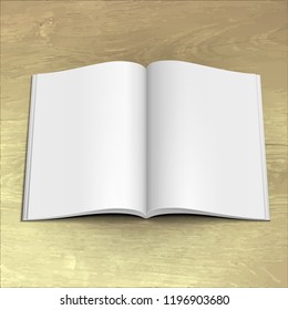 Blank Open Magazine, Book, Booklet, Brochure, Cover. White On Wood Texture Background. Mock Up Template Ready For Your Design. Vector EPS10