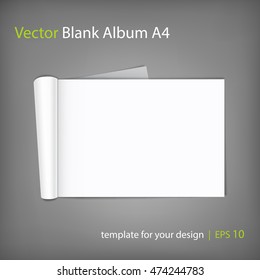 Blank open magazine with rolled page on neutral grey background . Horizontal orientation. Template for your design.