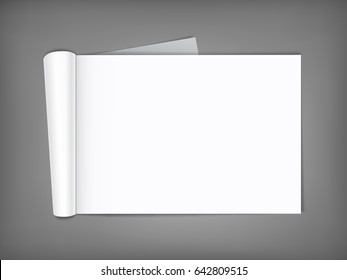 Blank open magazine with rolled page on neutral grey background . Horizontal orientation. Template for your design.