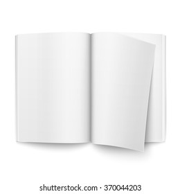 Blank open magazine template on white background with one page turning over. Ready for your design. Vector illustration. 