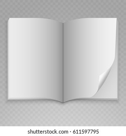 Blank open magazine template on transparent background with one page turning over. 