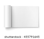 Blank open magazine template with rolled pages on white background . Wide format. Ready for your design. Vector illustration.
