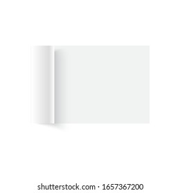 Blank open magazine template with rolled page. Vector,