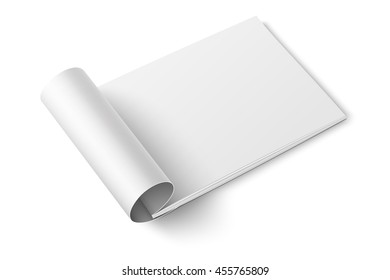 Blank open magazine template with rolled pages on white background . Wide format. Ready for your design. Vector illustration.