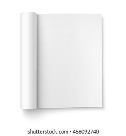 Blank open magazine template with rolled pages on white background . Portrait orientation. Ready for your design. Vector illustration.