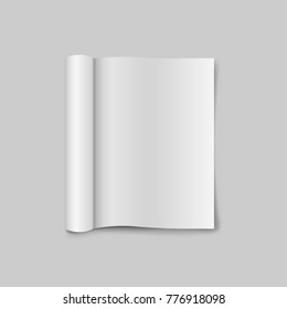Blank open magazine template with rolled pages. isolated on white background. Vector illustration. Eps 10.