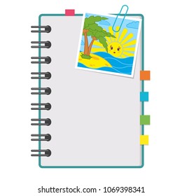 A blank open notebook on a spiral with bookmarks between the pages. With a photo of the sunrise. Colorful flat vector illustration isolated on white background. With space for text or image