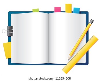 Blank open notebook with pencil and ruler