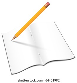 Blank open notebook with pencil, vector