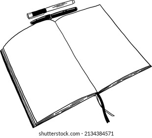 Blank Open Page notebook on Table Hand drawn line art Illustration