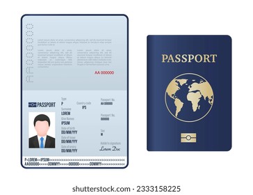 Blank offene Passvorlage. Auslandspass mit einer Stichprobe von personenbezogenen Daten. Reisedokument und Einwanderungsdokument. Passport-Seiten mit Beispieldaten, Foto und Unterschrift. Vektorgrafik