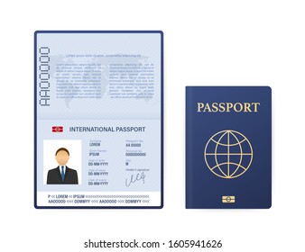 Blank open passport template. International passport with sample personal data page. Vector stock illustration.