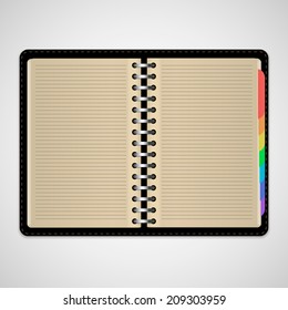 Blank open realistic spiral linear notepad/notebook, isolated on light gray background. Vector illustration, EPS 10.
