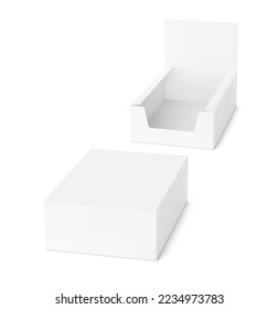 Blank open show boxes mockup. Front and half side view. Vector illustration isolated on white background. Easy to use for your product. EPS10.