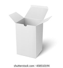 Blank open vertical paper or cardboard box template standing on white background Packaging collection. Vector illustration.