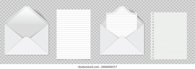 Blank open white envelope mockup and vintage paper. Empty template for branding identity design, mail presentation, for office messages or documents sending. Realistic vector illustration