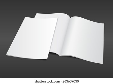 Blank Opened A4 Magazine Mockup Template With Blank Cover On Dark Background. Realistic Editable Vector EPS10 Illustration For Your Design.