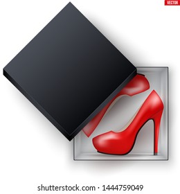Blank of Opened Black Box With Woman Shoes. Mockup Square Paper box container. Vector Illustration isolated on white background.