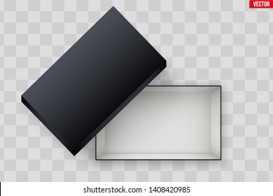 Blank of Opened Black Shoes Box With Lid. Mockup Rectangle Paper box container. Vector Illustration isolated on transparent background.