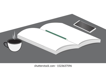 Blank opened book on the desk with a pencil, coffee and smartphone. Perspective template book and magazine