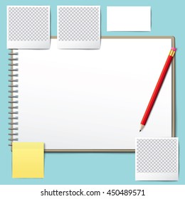 Blank opened book. Blank book with pencil. Compass vector. Photo frame vector. note pad. use for graphic, creative, business, education, vector illustration