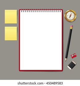Blank opened book. Blank book with pencil. Compass vector. Photo frame vector. note pad. use for graphic, creative, business, education, vector illustration
