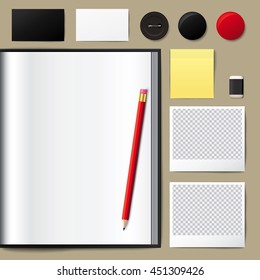 Blank opened book. Blank book with pencil. Photo frame vector. note pad. use for graphic, creative, business, education, vector illustration