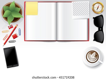 Blank opened book. Blank book with pencil. Photo frame vector. note pad. use for graphic, creative, business, education, vector illustration