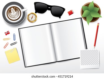 Blank opened book. Blank book with pencil. Photo frame vector. note pad. use for graphic, creative, business, education, vector illustration
