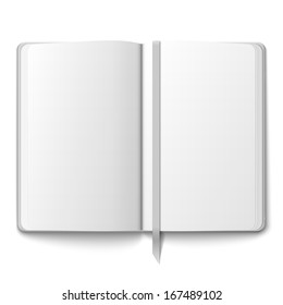 Blank opened copybook template with bookmark. Vector illustration.