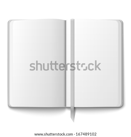 Blank opened copybook template with bookmark. Vector illustration.