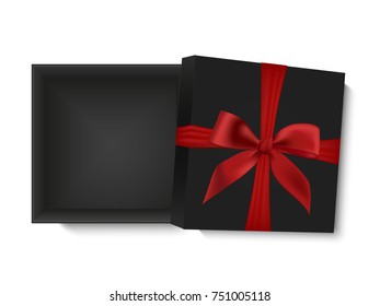 Blank opened gift box with red ribbon and a bow, isolated on white background, vector illustration. Poster, card or brochure template.