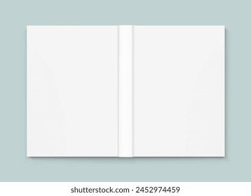 Blank opened hardcover book mockup. Vector illustration on colour background. It can be used for promo, catalogs, brochures, magazines, etc. Ready for your design. EPS10.