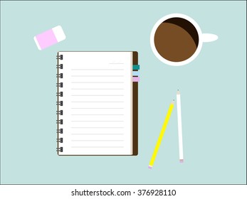 Blank opened notebook with a cup of coffee on green background. Top view. Vector illustrator
