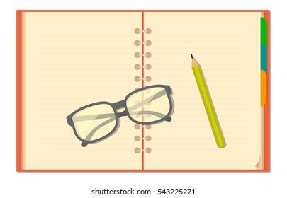 Blank opened notebook and glasses, pencil, toy model car. Vector flat color illustration isolated on white background.