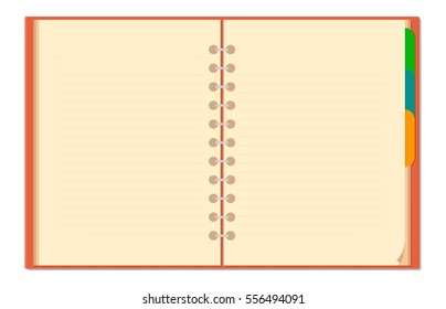 Blank opened notebook. Vector flat color illustration isolated on white background.