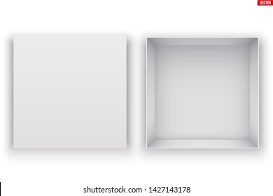 Blank of Opened White Shoes Box With Lid. Mockup Square Paper box container. Vector Illustration isolated on white background.