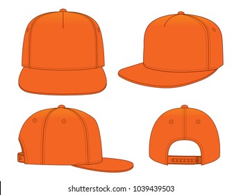 Blank Orange 5-Panels Hip Hop Cap with Adjustable Snap Back Closure Strap Template on White Background, Vector File.