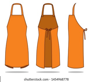 Blank Orange Apron Template on White Background. Front, Back and Side Views, Vector File.